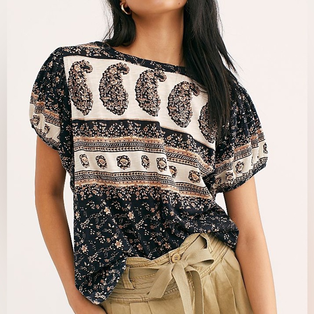 Free People Black and Cream Paisley Print Short Sleeve Blouse
